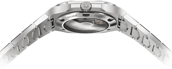 Stainless steel automatic watch with exhibition caseback, Swiss-made movement visible