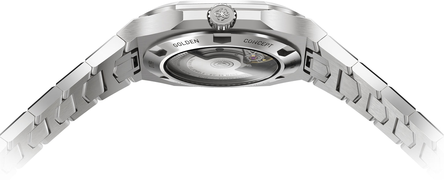 Stainless steel automatic watch with exhibition caseback, Swiss-made movement visible