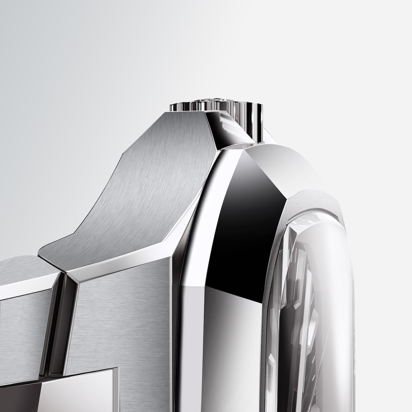 Close-up of Golden Concept watch showcasing faceted bezel and flat sapphire crystal, with stainless steel strap