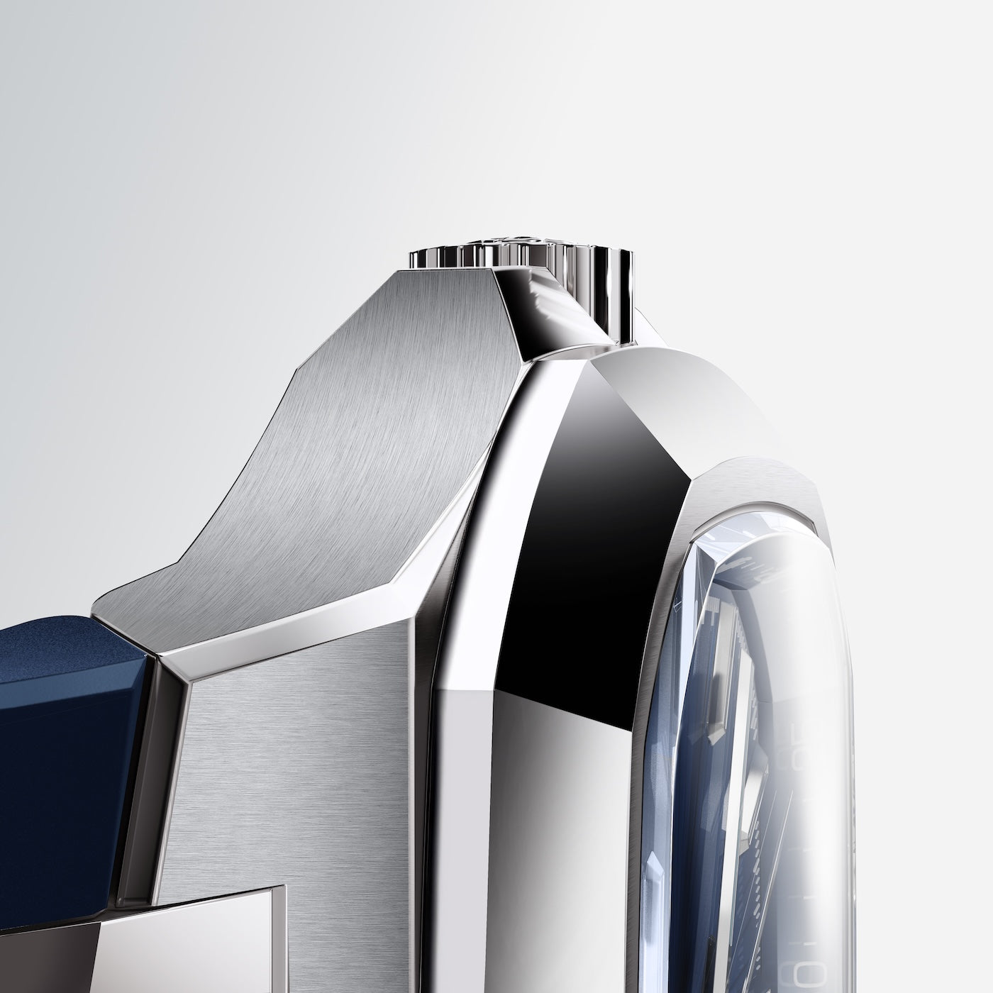 Close-up of Golden Concept watch showcasing faceted bezel and flat sapphire crystal, with blue rubber strap detail