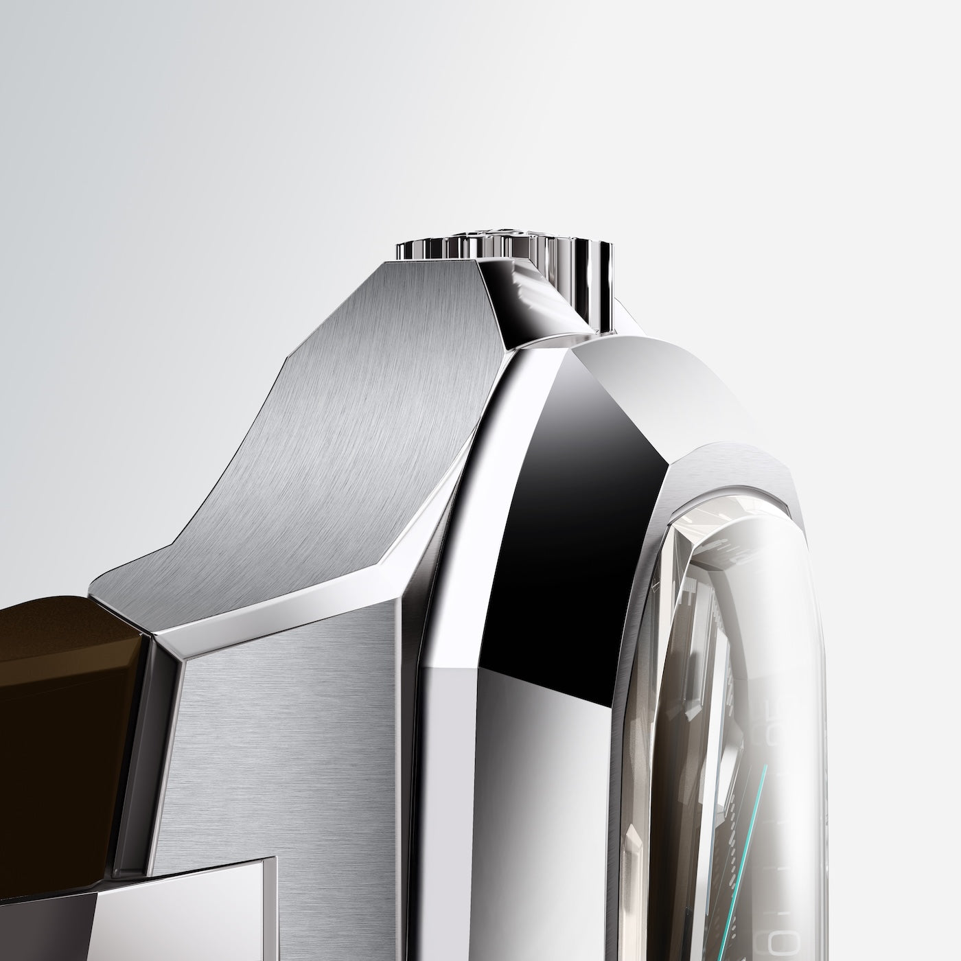 Close-up of Golden Concept watch showcasing faceted bezel and flat sapphire crystal, with brown rubber strap detail