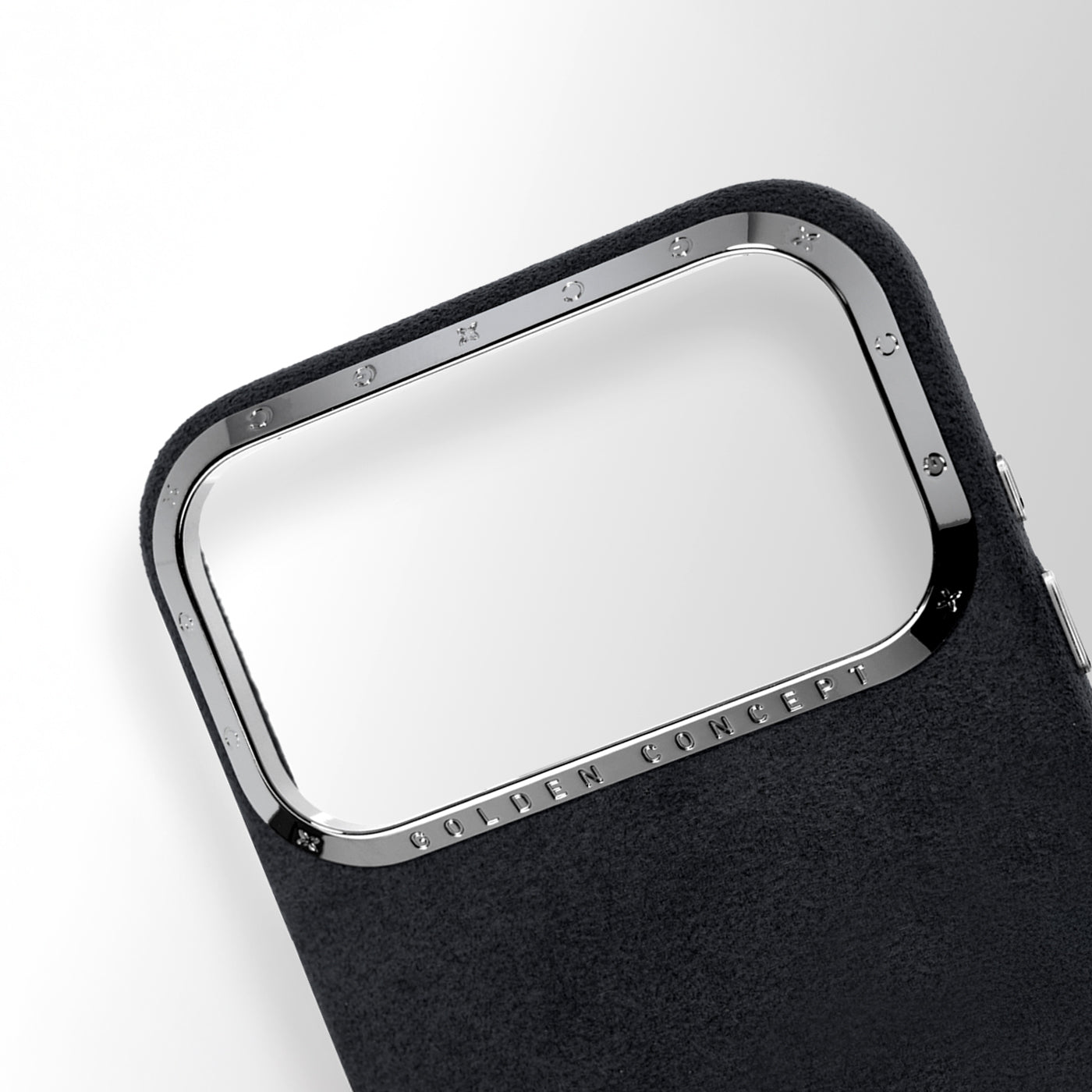 Close-up of Black Alcantara iPhone 17 case with high-polished aluminum camera frame and engraved Golden Concept details