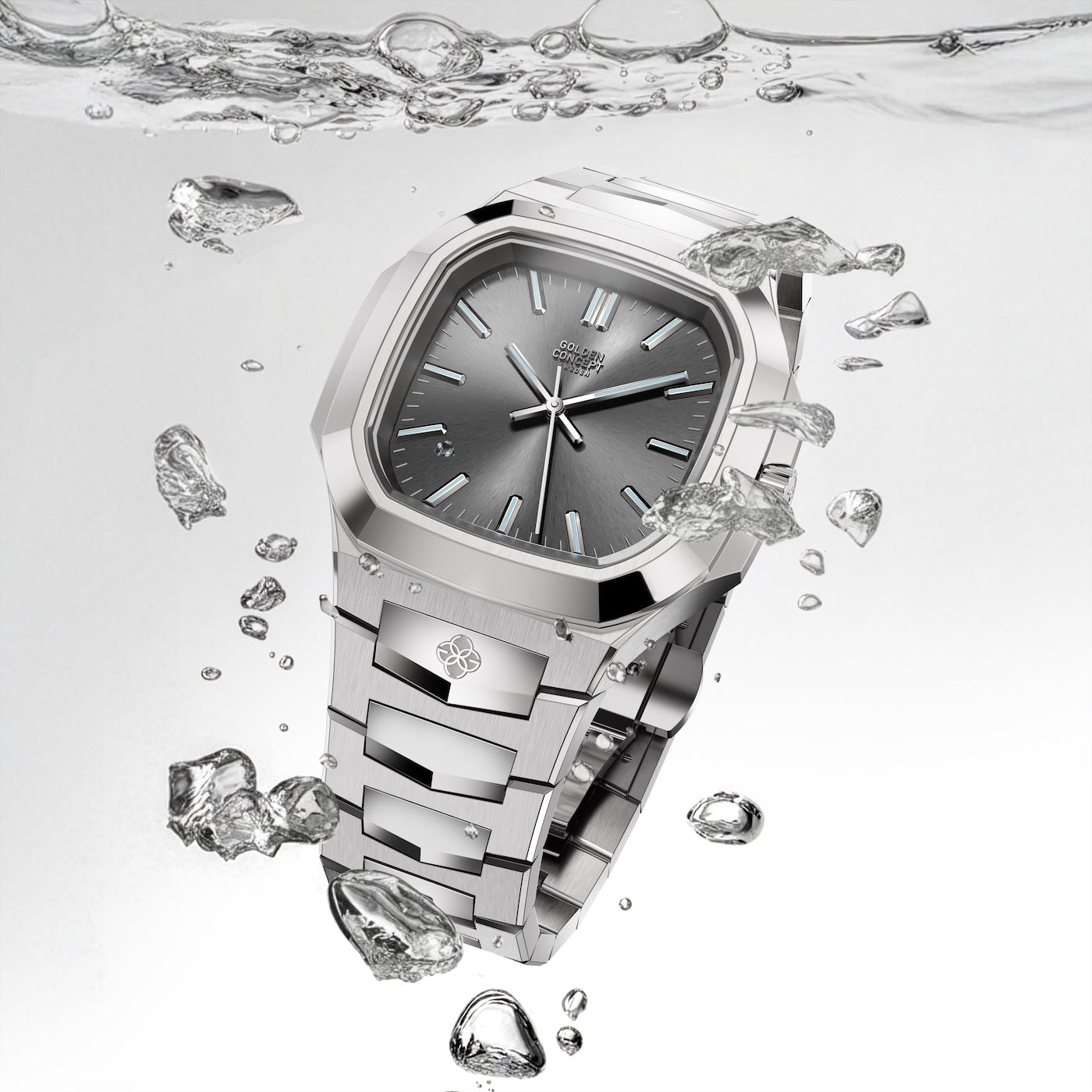 Silver automatic watch with a gray dial surrounded by water droplets