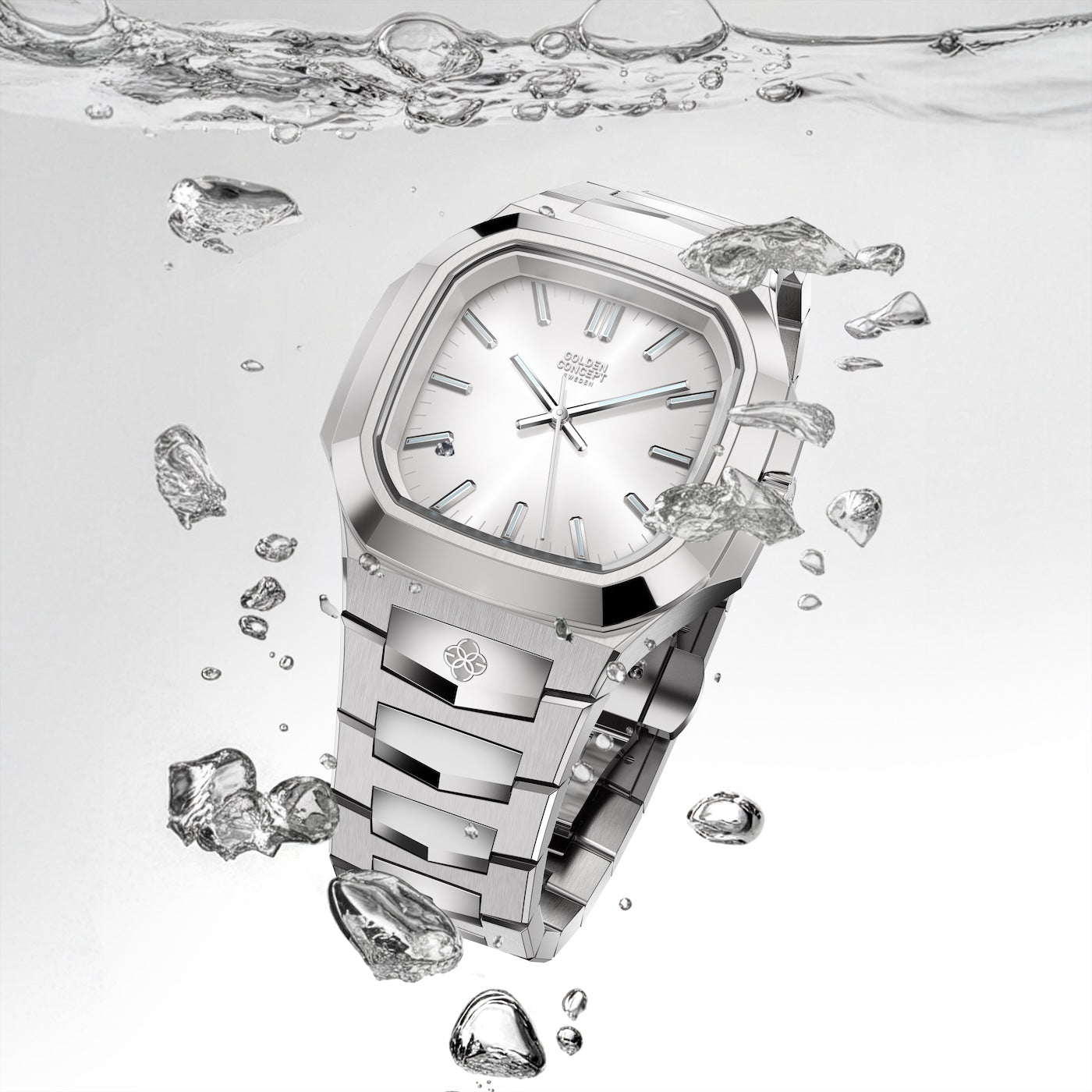 Silver watch with a smooth white enamel dial, surrounded by water droplets, emphasizing water resistance.