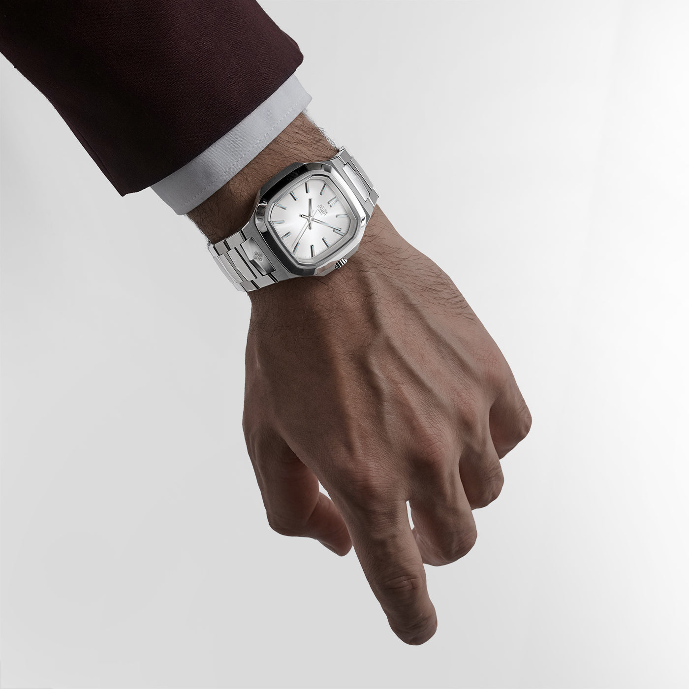 Golden Concept watch on wrist, stainless steel bracelet and white enamel dial