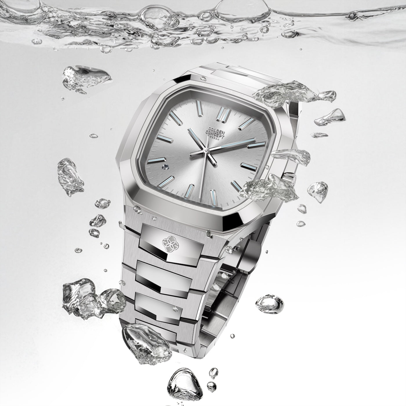 Silver watch with light silver dial, surrounded by water droplets and bubbles, emphasizing water resistance.