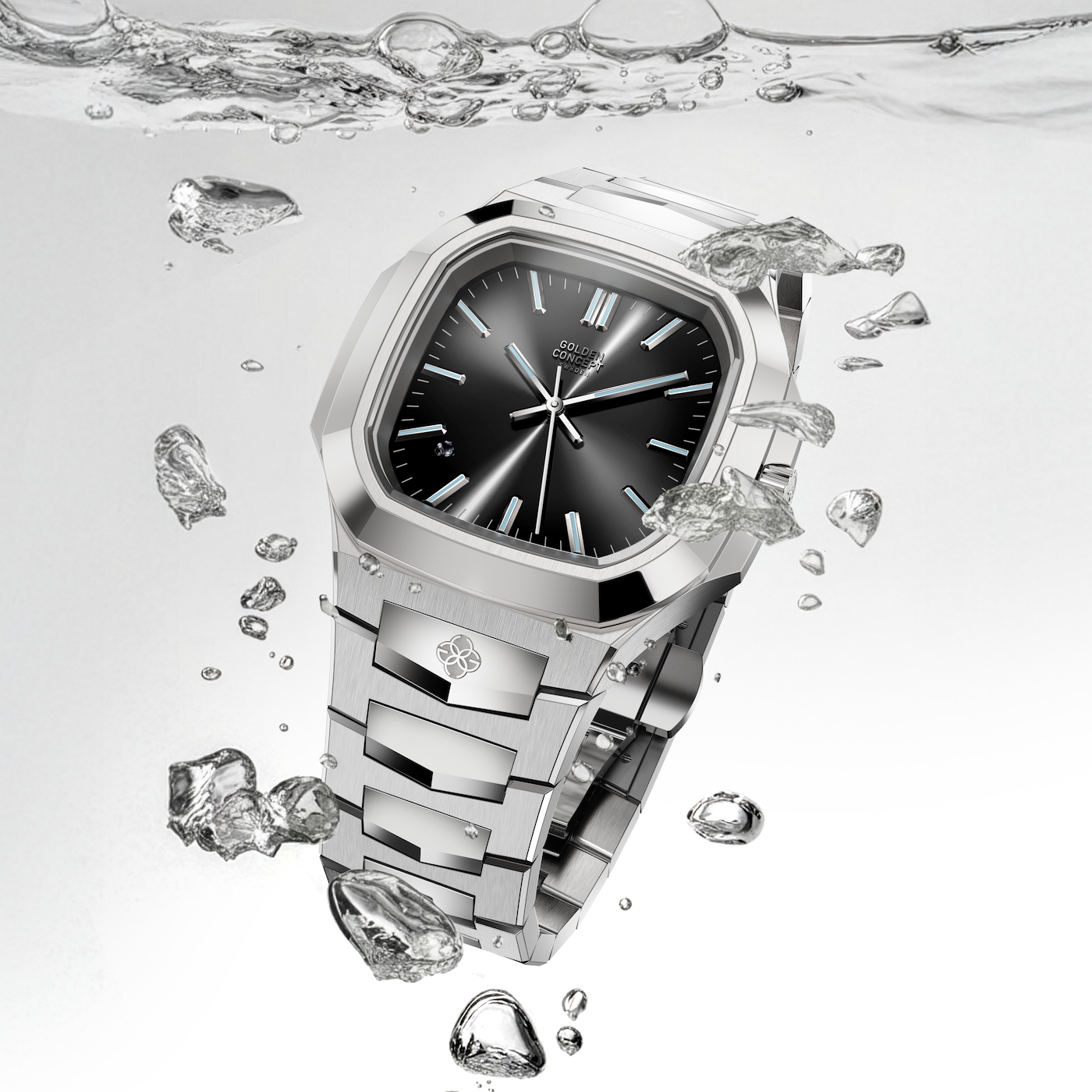 Automatic stainless steel watch with black brushed sunburst flare dial, faceted bezel, and integrated steel bracelet, shown underwater with floating water droplets