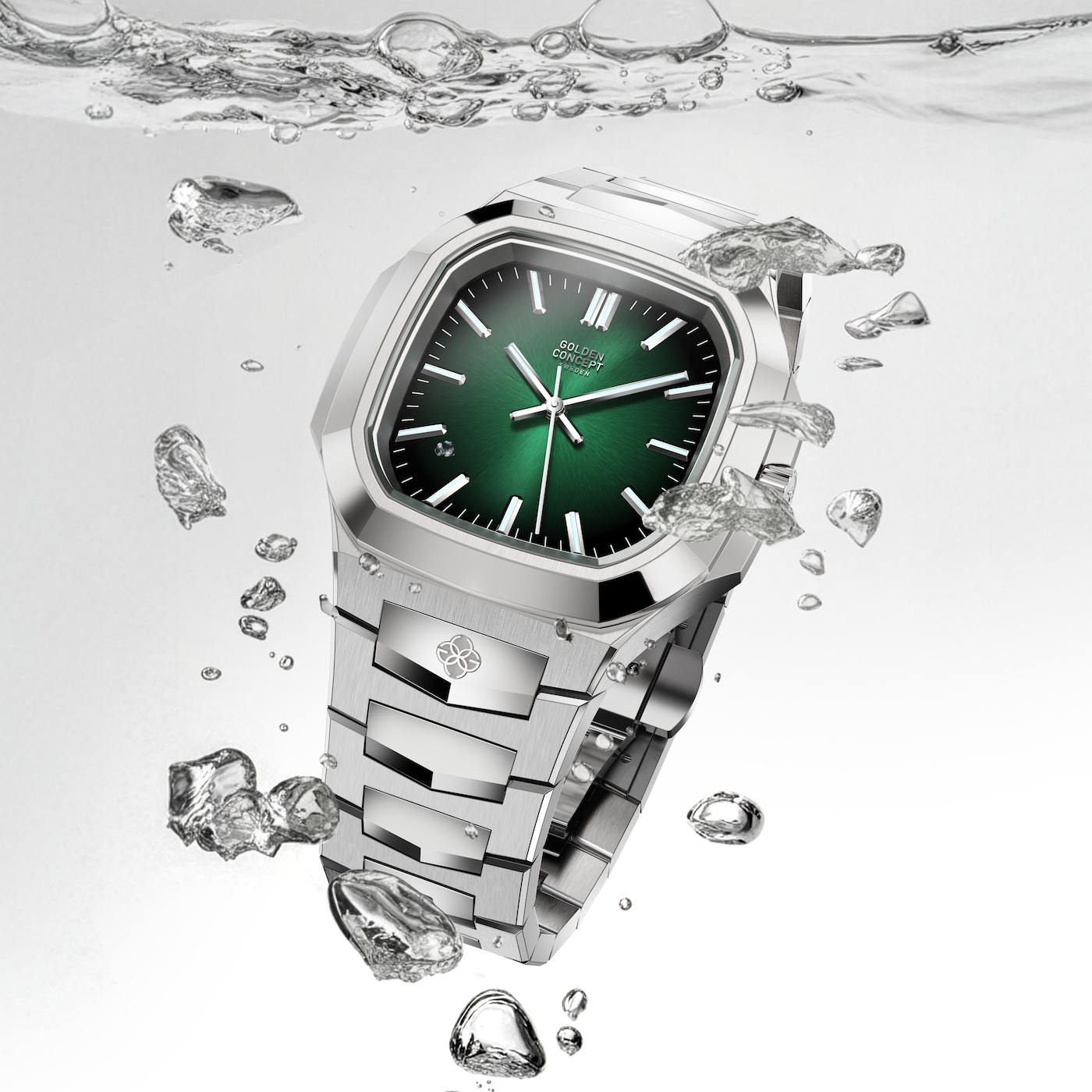 Automatic watch with green-to-black sunburst dial, faceted stainless steel bezel, and integrated steel bracelet in water