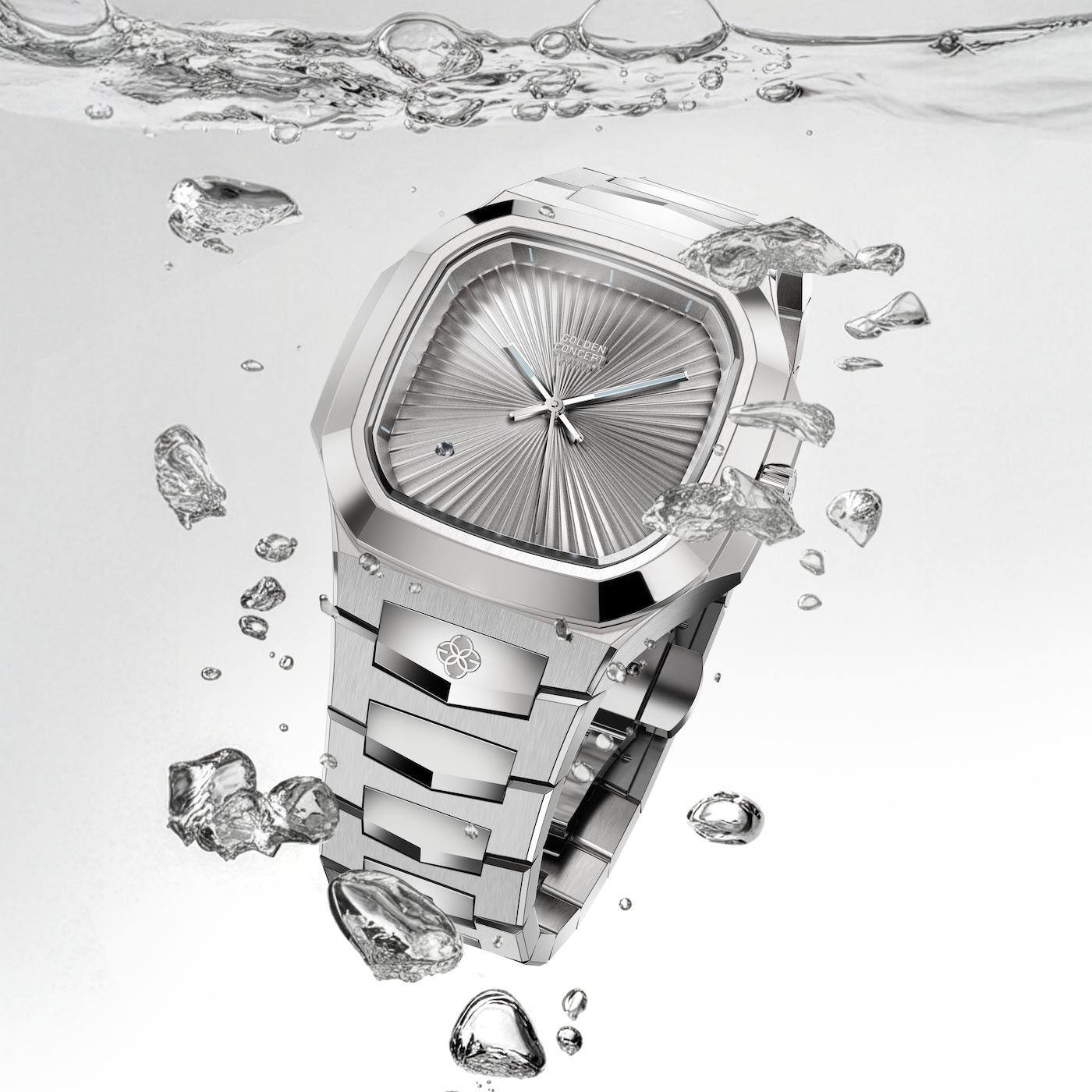 Automatic watch with sculpted silved sunburst flare dial, faceted stainless steel bezel, and integrated steel bracelet in water