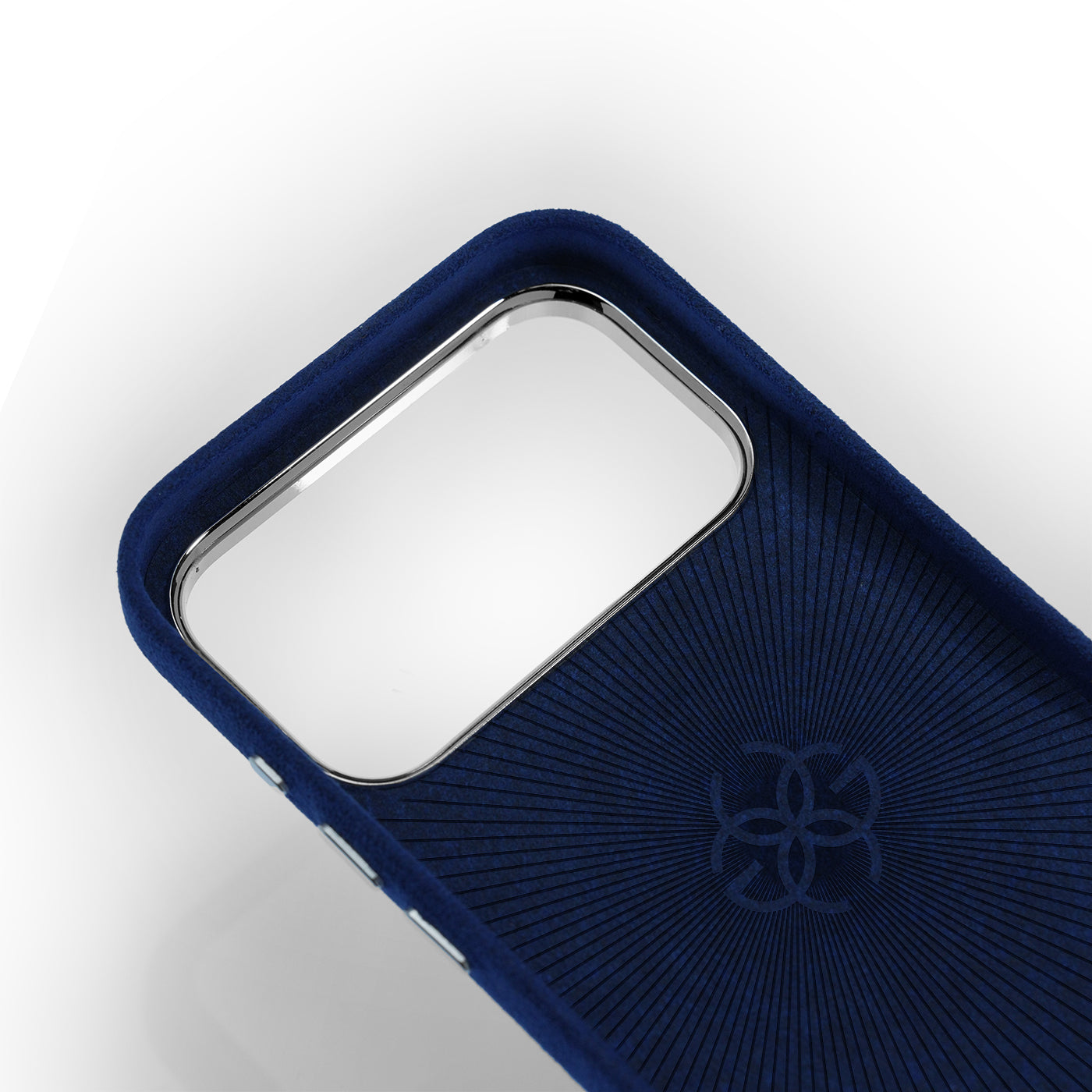 Interior of blue Alcantara iPhone 17 case with microfiber lining and embossed Golden Concept emblem