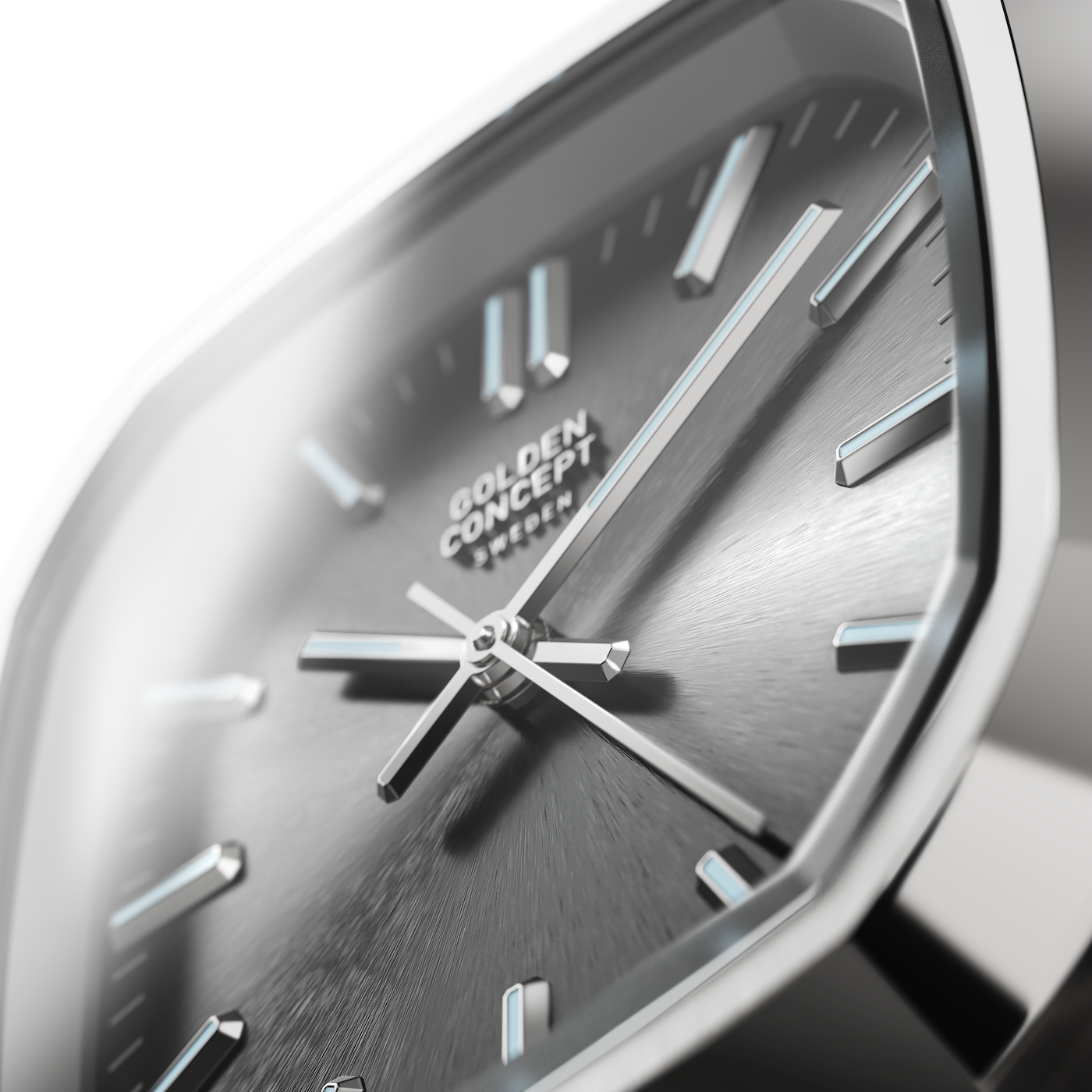 Macro close-up of Golden Concept automatic watch featuring a grey gradient sunburst dial with applied silver indices and polished hands, framed by a stainless steel case, on a transparent background