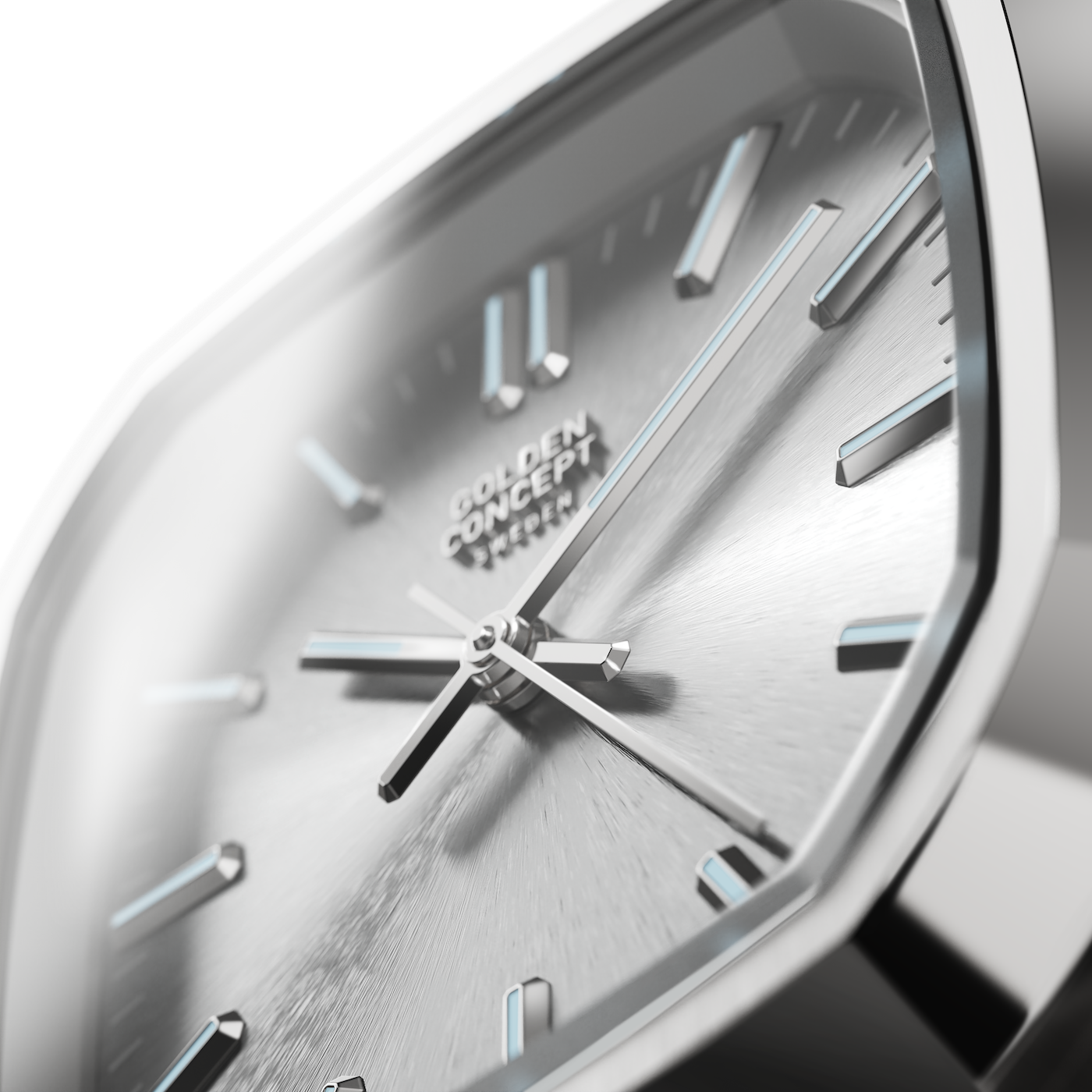 Macro close-up of Golden Concept automatic watch featuring a light silver sunburst dial with applied silver indices and polished hands, framed by a stainless steel case, on a transparent background