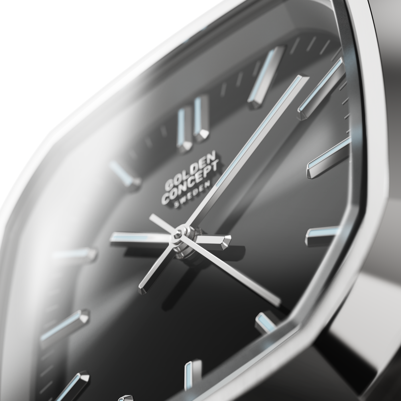 Macro close-up of Golden Concept automatic watch featuring a black gradient sunburst dial with applied silver indices and polished hands, framed by a stainless steel case, on a transparent background