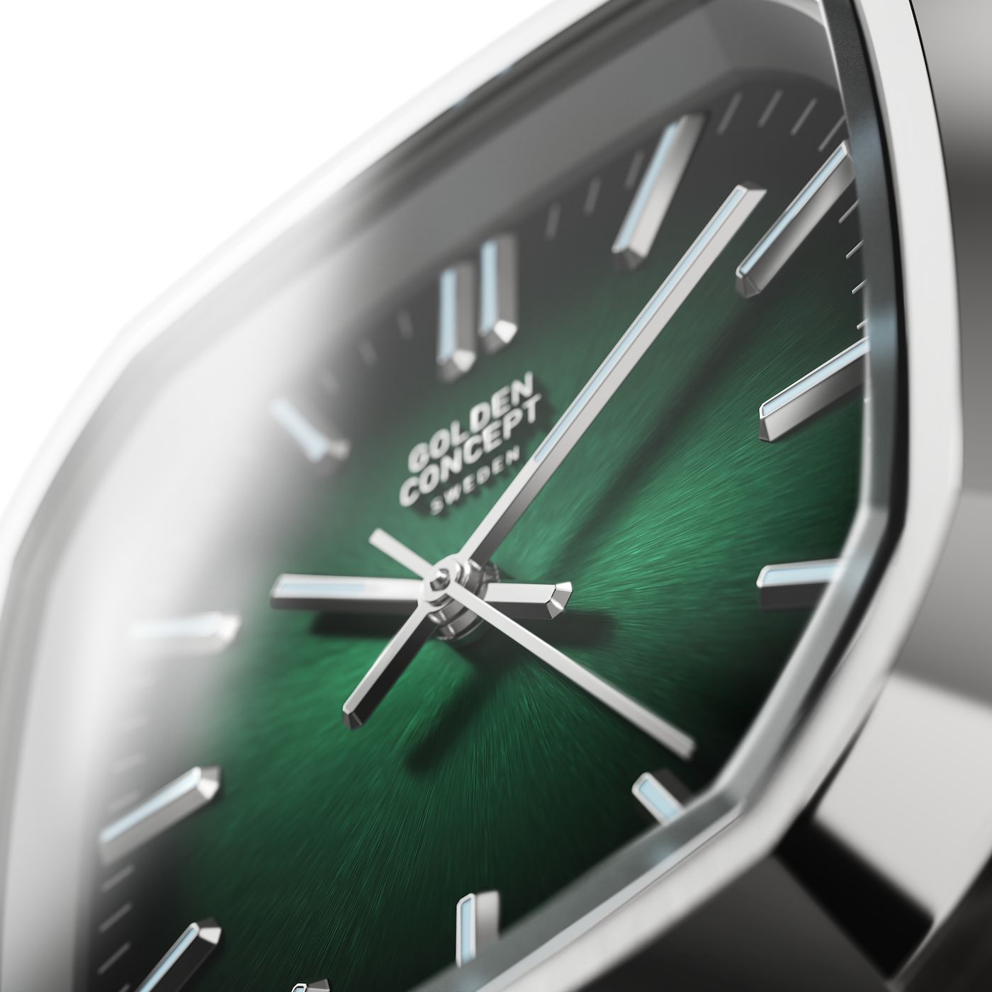 Macro close-up of Golden Concept automatic watch featuring a green-to-black gradient sunburst dial with applied silver indices and polished hands, framed by a stainless steel case, on a transparent background