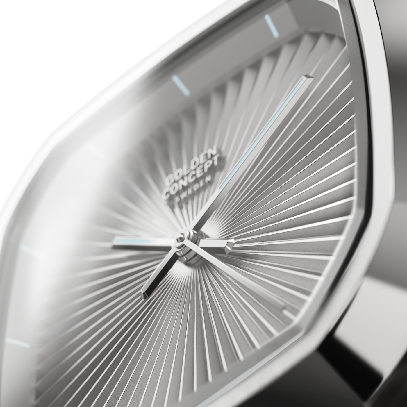 Close-up detail of Golden Concept automatic watch dial, featuring a silver sunburst radial pattern, polished hands with subtle luminous accents, and sculpted stainless steel case, shown on a transparent background