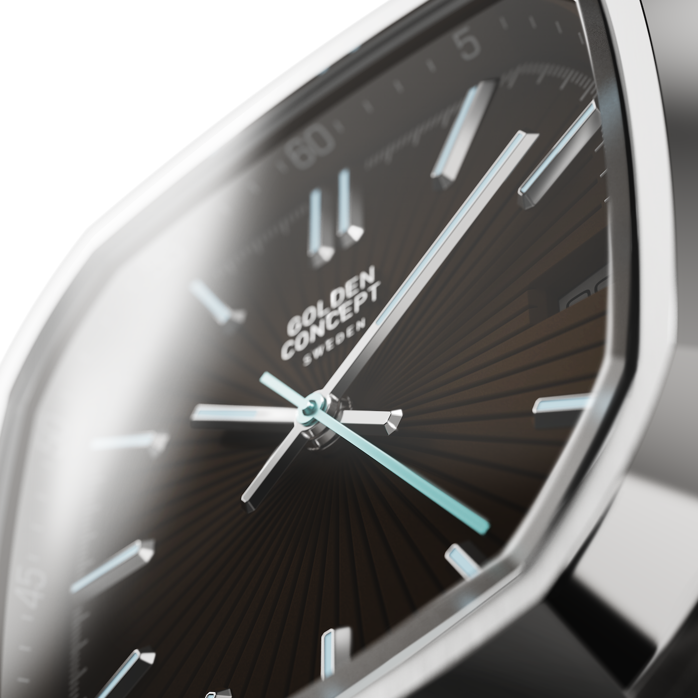 Close-up detail of Golden Concept automatic watch showing brown gradient sunburst dial with applied silver indices and polished hands, framed by a stainless steel case, on a transparent background