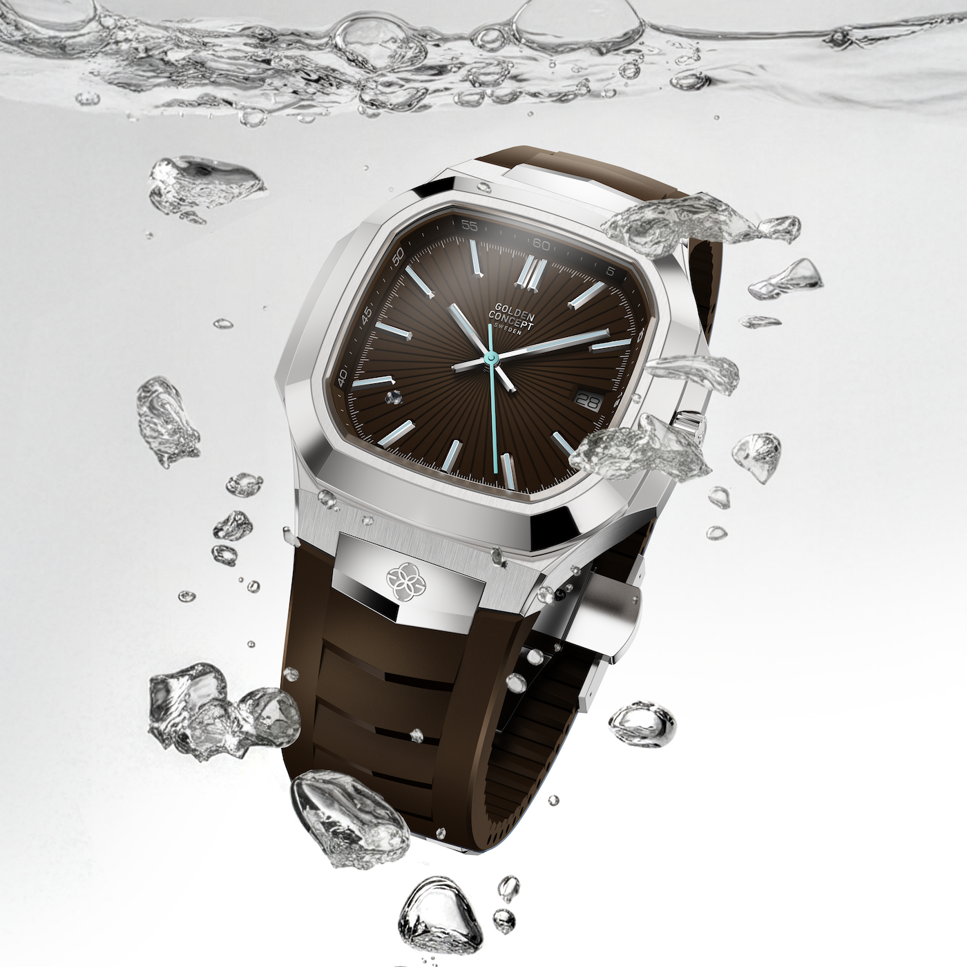 Automatic watch with brown sunburst flare dial, stainless steel case, faceted bezel, sapphire crystal, and brown rubber strap, shown in water