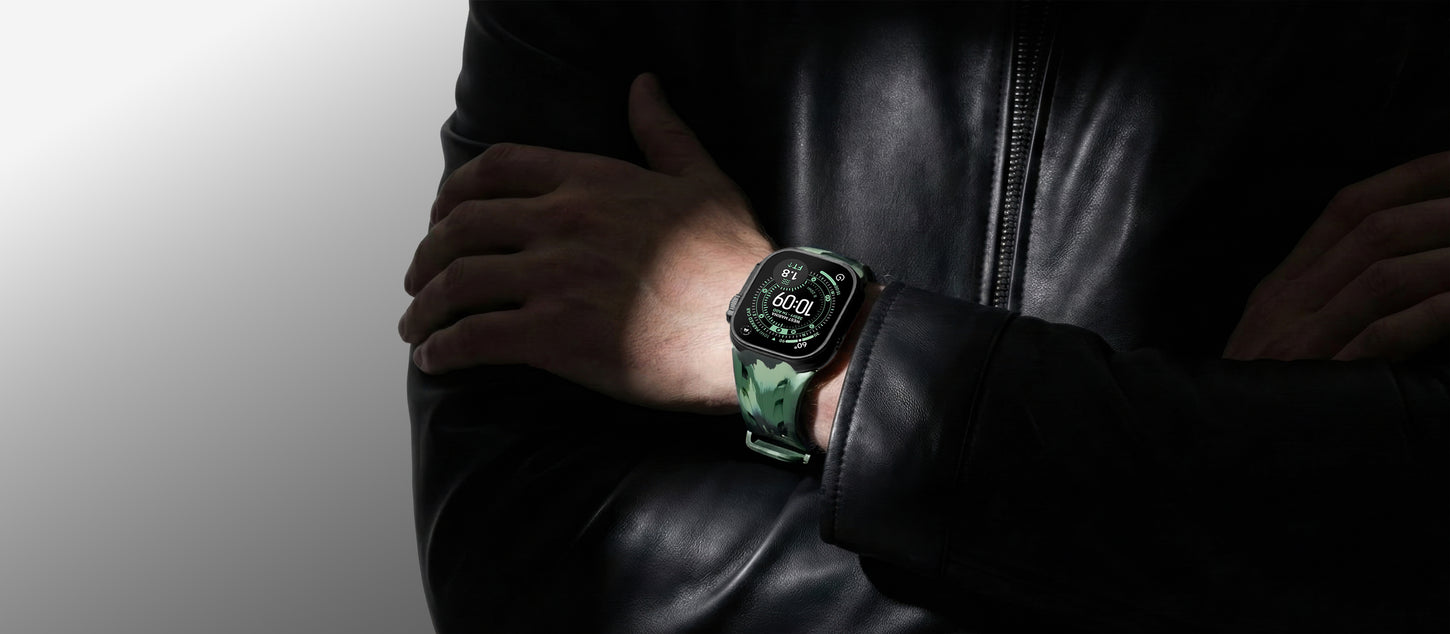 Apple Watch with green camouflage rubber strap, worn on wrist.