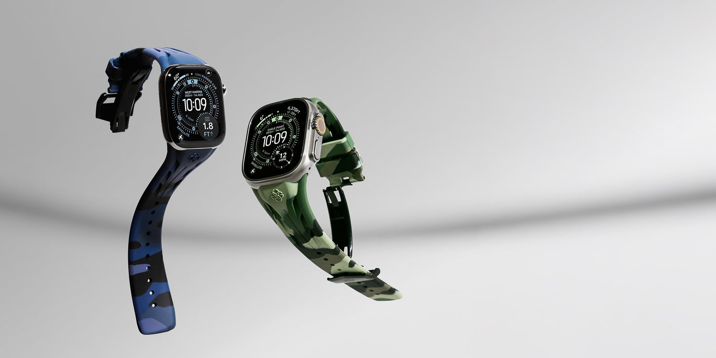 Apple Watch with blue and green camouflage rubber straps, product variants shown